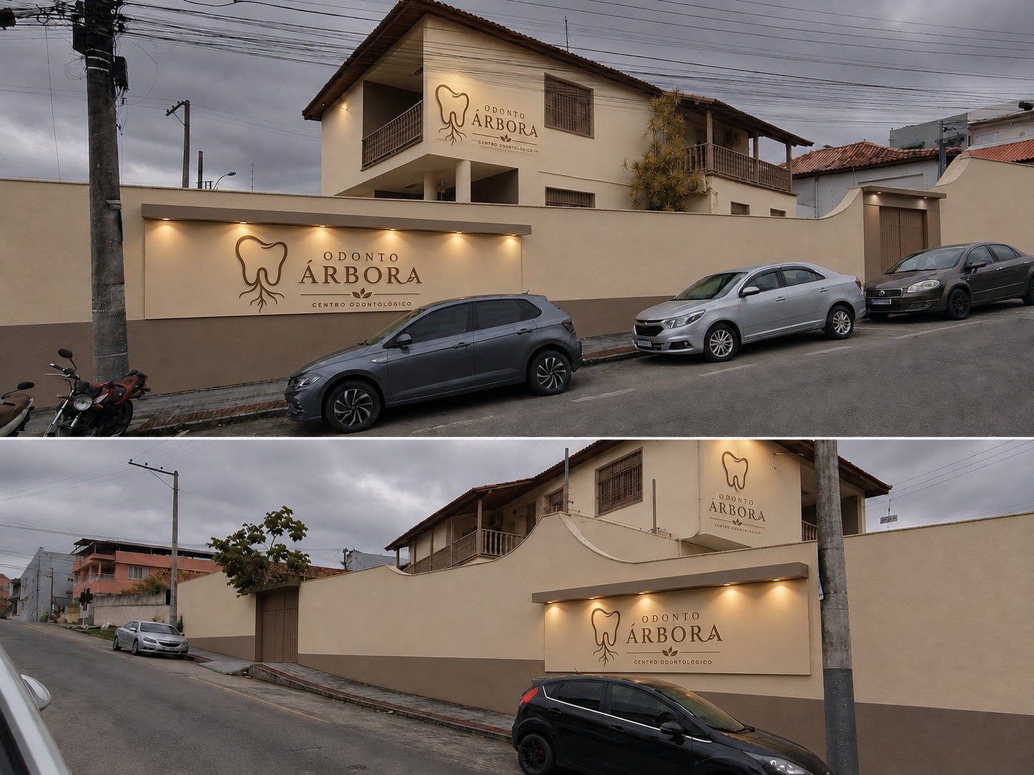 Fachada noturna da Odonto Árbora São Mateus com iluminação premium