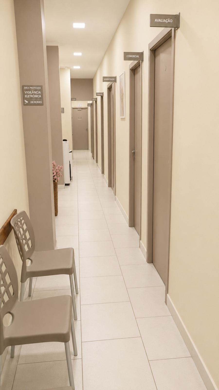 Corredor interno da unidade Odonto Árbora Jaguaré com salas de atendimento