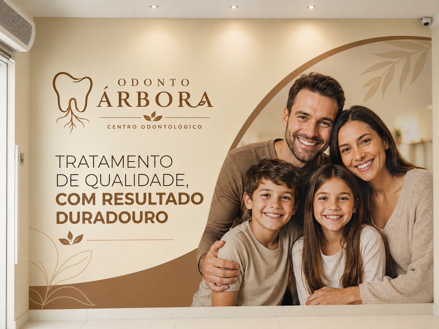Ambiente da Odonto Árbora Jaguaré com identidade visual e família sorrindo