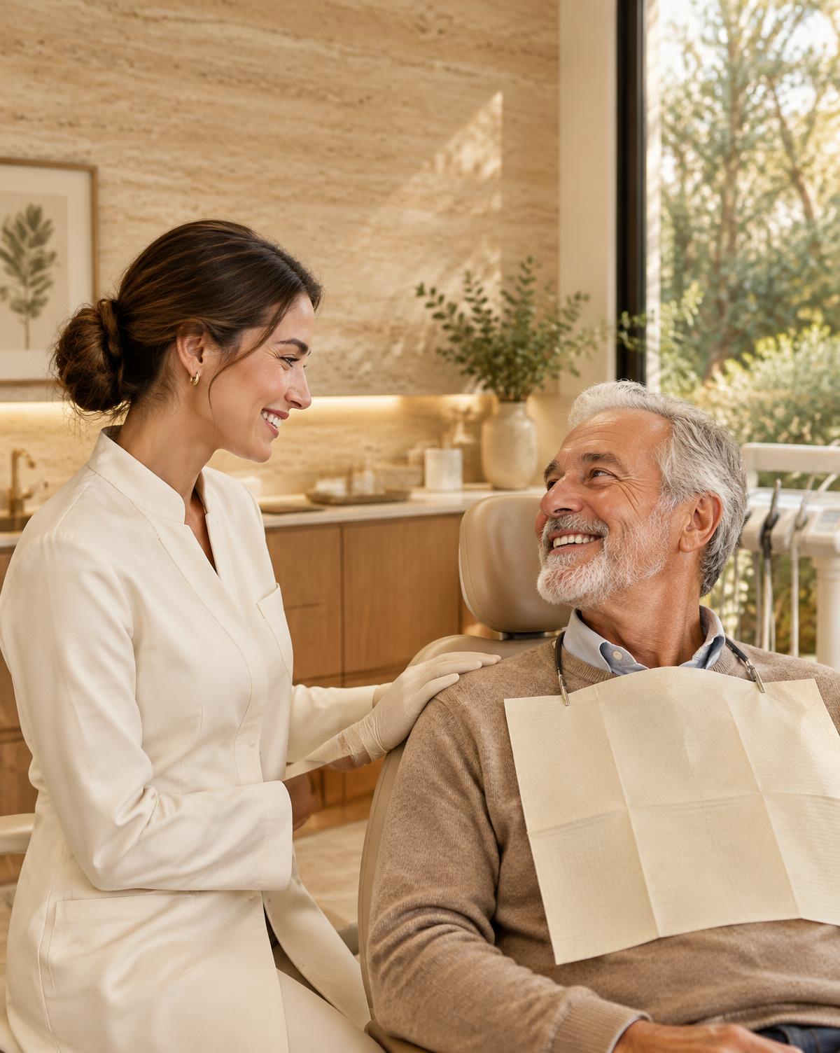 Dentista acolhendo paciente durante a consulta